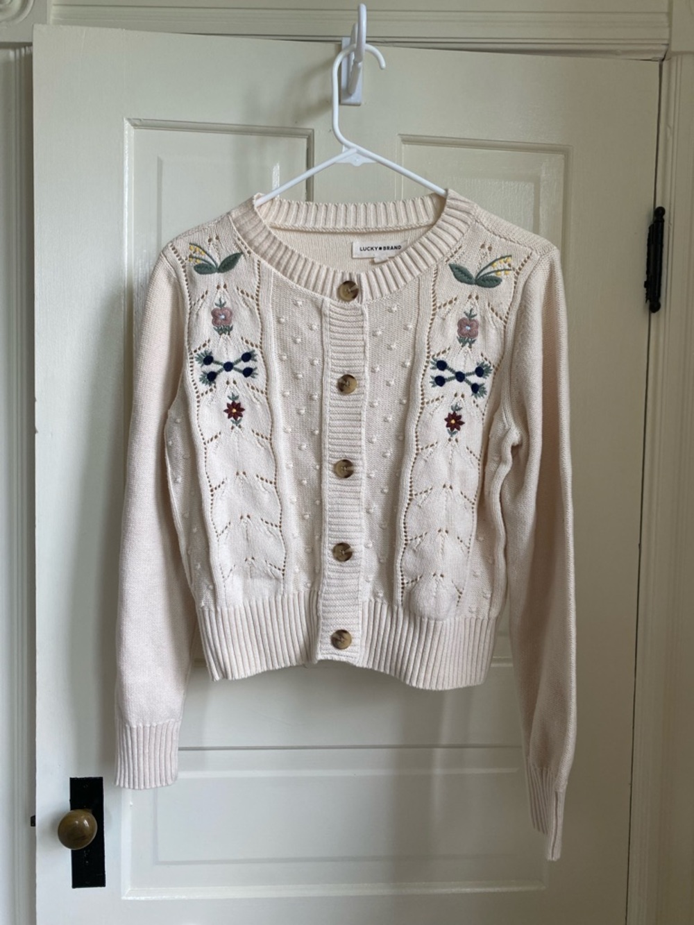 Lucky Brand Oatmeal Floral Embroidered Sweater Size Small